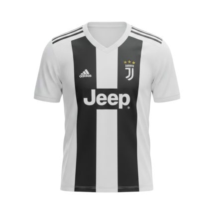 Camiseta retro Juventus 2018/19 primera equipación, rayas blancas y negras, logo Adidas y sponsor Jeep. — vista frontal en maniquí
