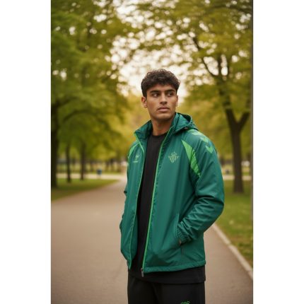 Chaqueta Cortavientos del Real Betis 2027 para adulto. Prenda oficial de color verde con el escudo del club bordado.