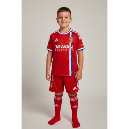 Segunda equipación del Real Zaragoza para niños temporada 26-27. Camiseta de fútbol oficial para los más pequeños aficionados.