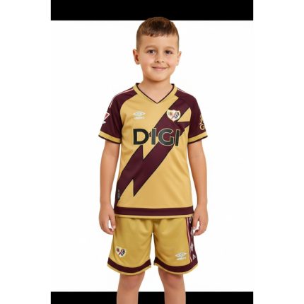 Tercera equipación de fútbol del Rayo Vallecano para niños, temporada 26-27. Camiseta y pantalón oficial para los más pequeños.